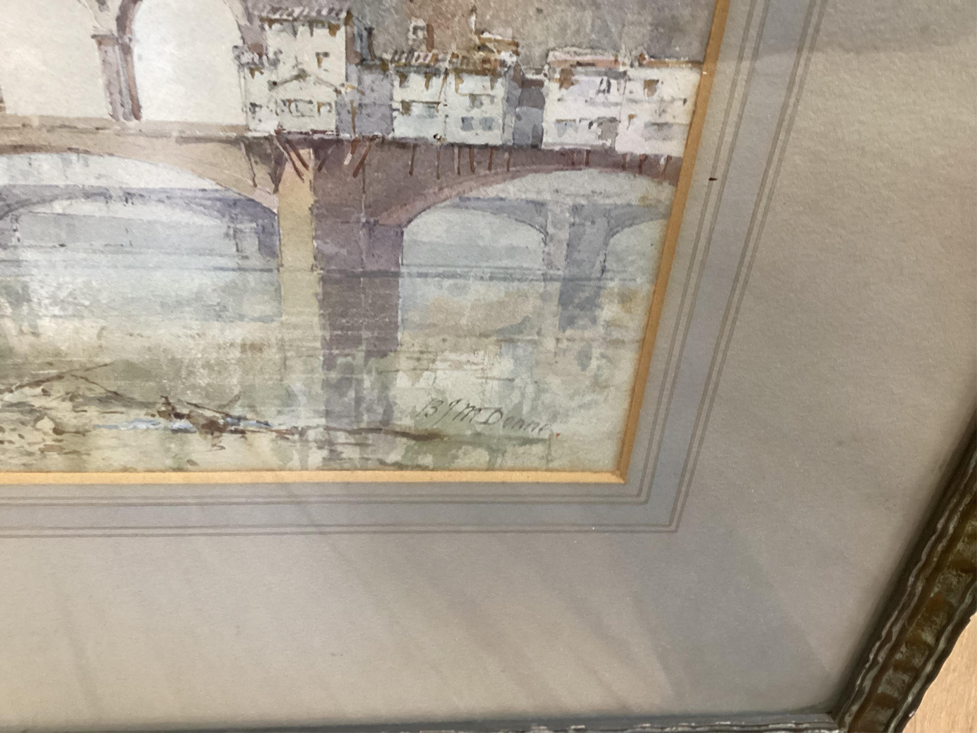 Benjamin John Merifield Donne (1831-1928) Continental riverscape with bridge, signed, watercolour, 19 x 36cm